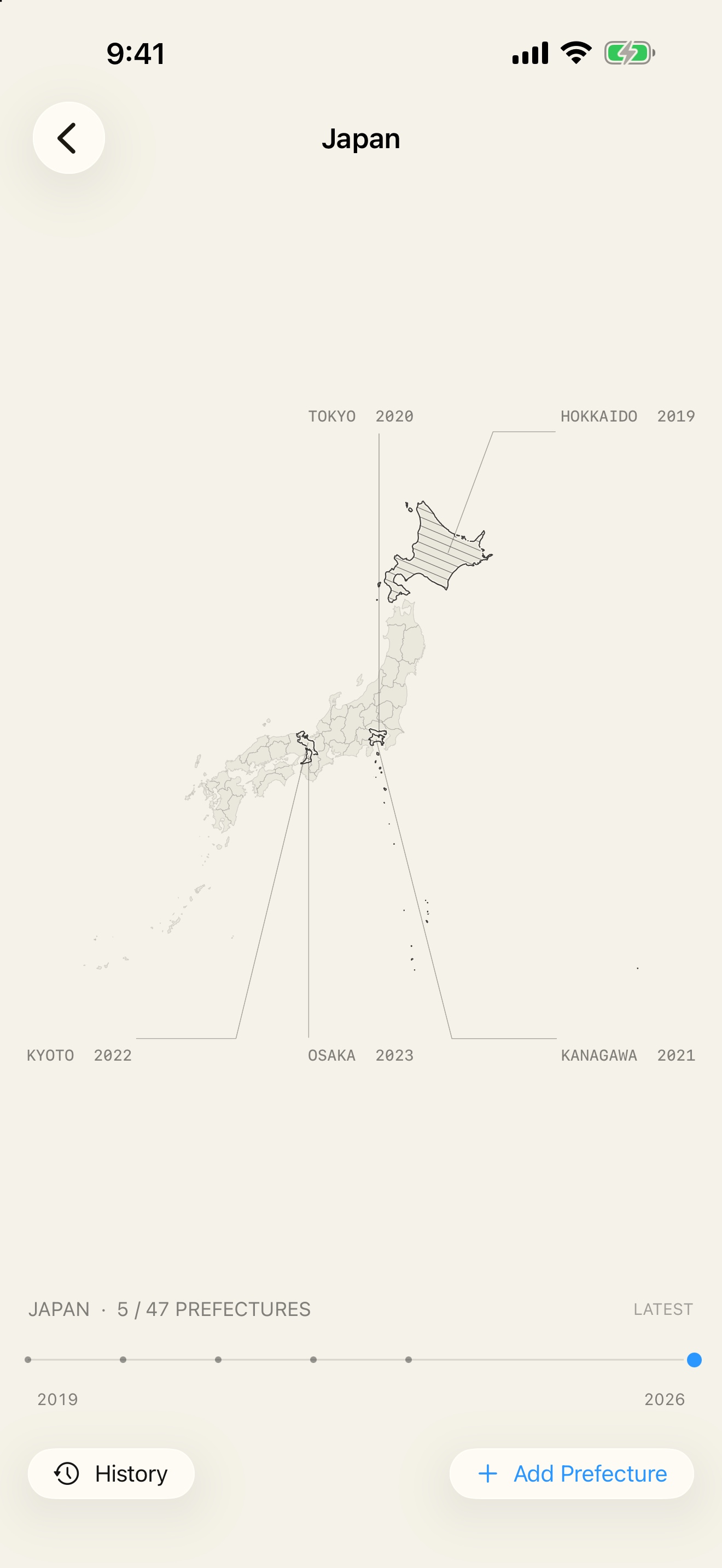 The Japan regional Atlas showing visited prefectures